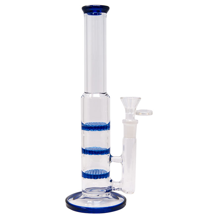 Blue Straight Tube Bong With Triple Honeycomb Perc