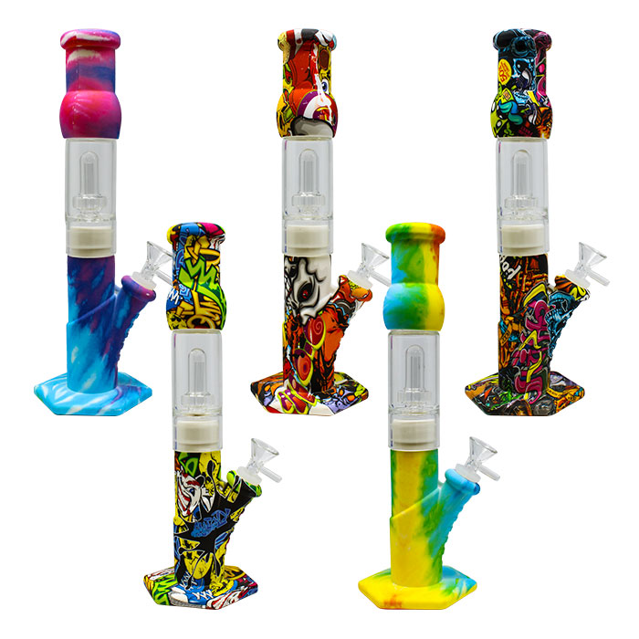 Assorted Cartoon Graphic Silicone Bong with Glass Percolator