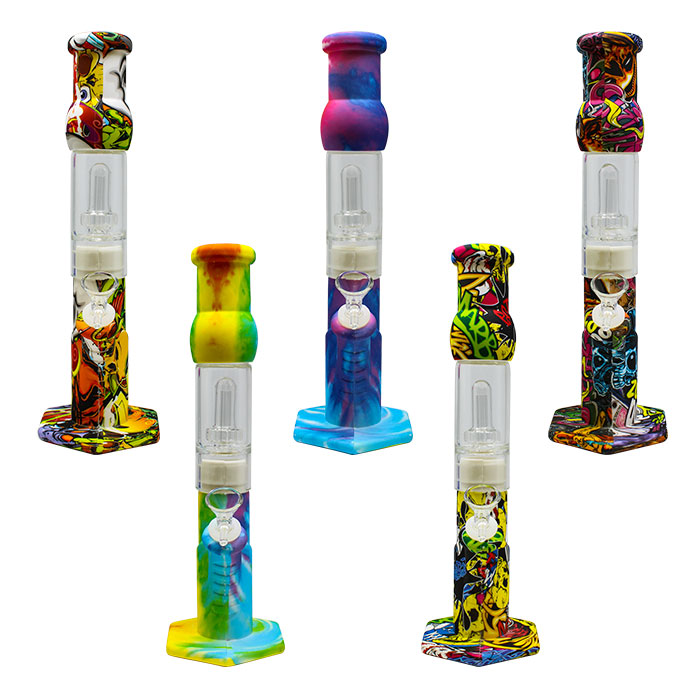 Assorted Cartoon Graphic Silicone Bong with Glass Percolator