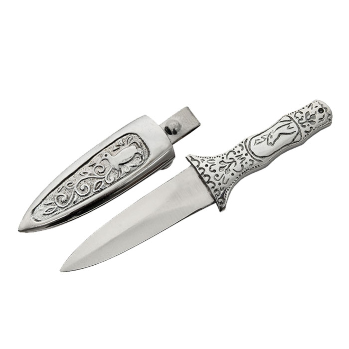 Metal Engraved Sheath Boot Knife 7.5 Inches