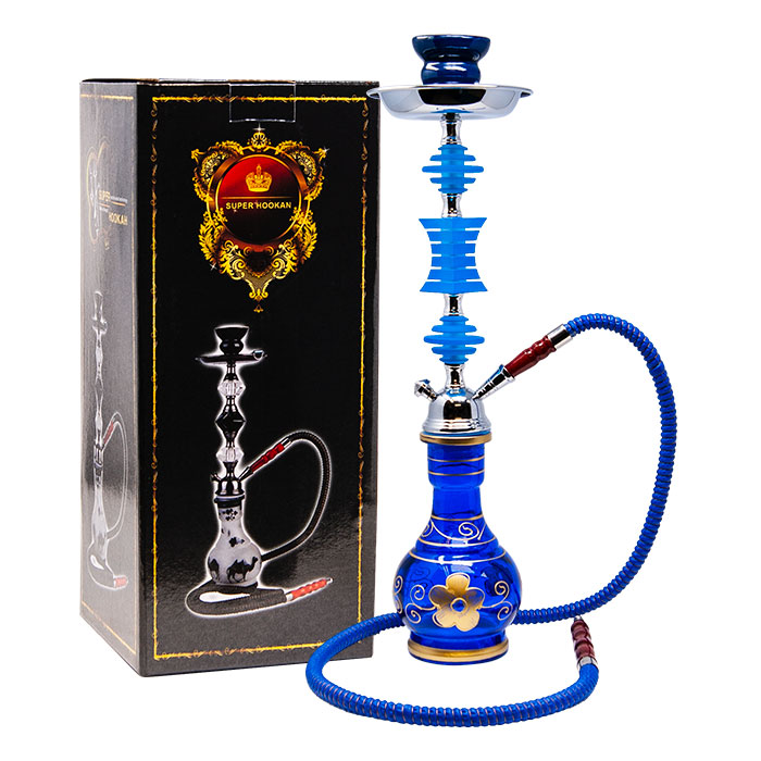 Flower Printed Blue Glass Base Hookah 22 Inches