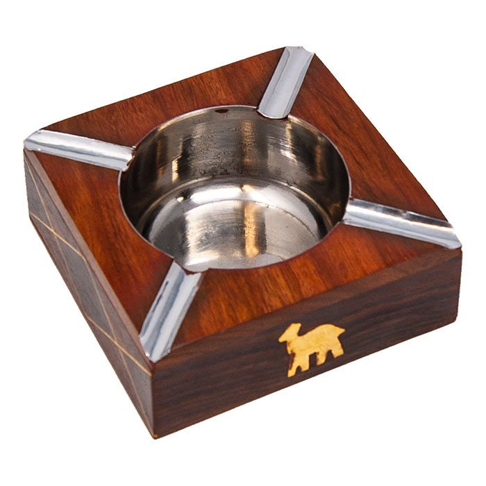 Square Brass Carving Wooden Ashtray