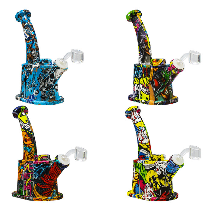 Graphics Silicone Dab Rig 7 Inches With Quartz Banger