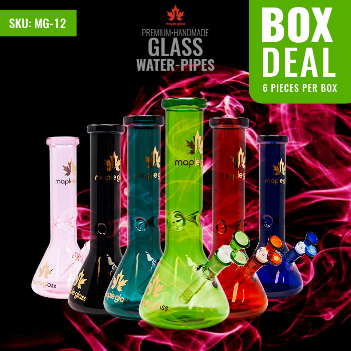 Maple Glass Assorted Color Beaker Bong 12 Inches Deal of 6
