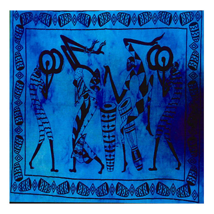 Cotton Blue Hand Drawn Tribal Group Clan Dancing Characters in a Festival Wall Flag