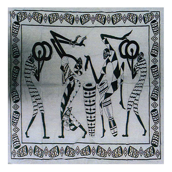 Cotton Grey Scale Hand Drawn Tribal Group Clan Dancing Characters in a Festival wall Flag