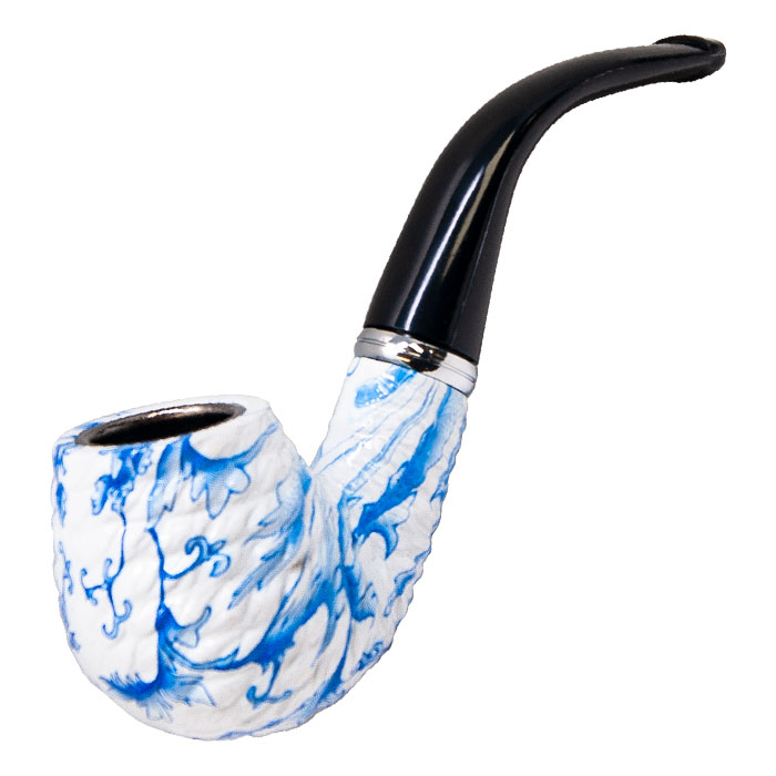 Engraved White and Blue Floral Wood and Resin 6 Inches Pipe