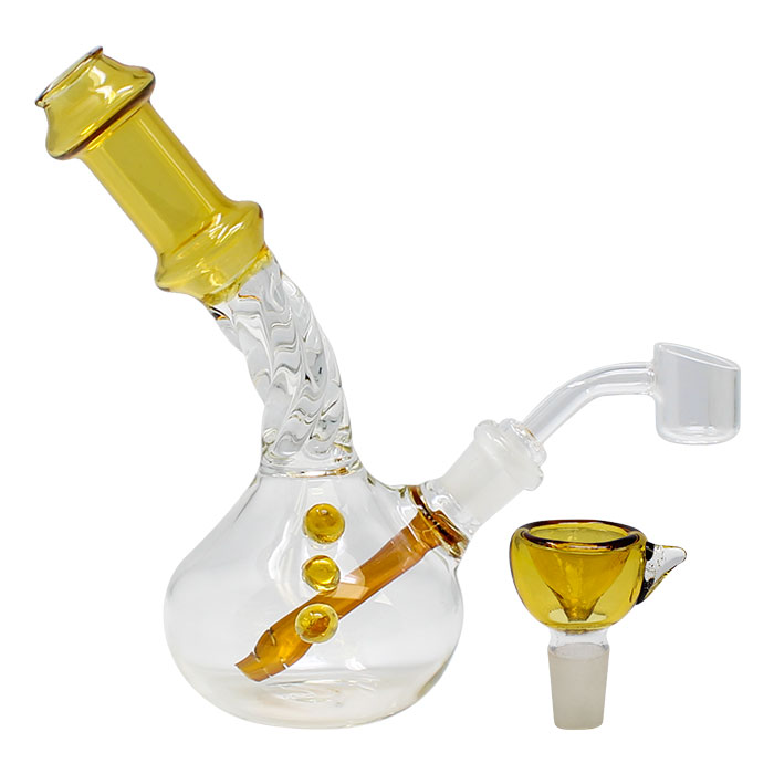 Yellow Swirly Design Down Stem 8 Inches Glass Dab Rig