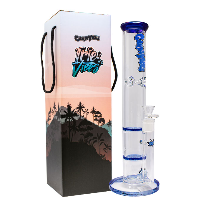 Blue Ganjavibes Honeycomb 14 Inches Two Disk Percolator Glass Bong By Irie Vibes Series