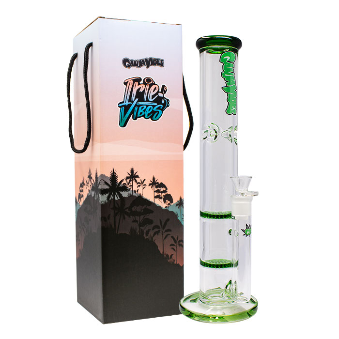 Green Ganjavibes Honeycomb 14 Inches Two Disk Percolator Glass Bong By Irie Vibes Series