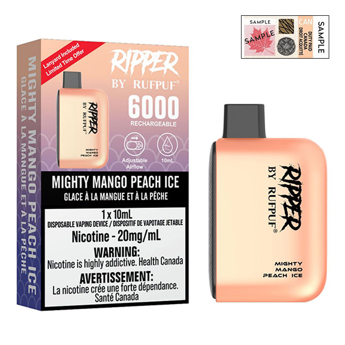 (Stamped) Mighty Mango Peach Ice 6000 Puffs Ripper Disposable Vape By G Core Rufpuf Ct 10