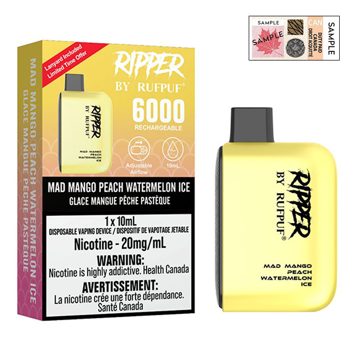 (Stamped) Mad Mango Peach Watermelon Ice 6000 Puffs Ripper Disposable Vape By G Core Rufpuf Ct 10