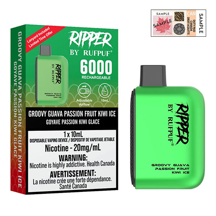 (Stamped) Groovy Guava Passion Fruit Kiwi Ice 6000 Puffs Ripper By G Core Rufpuf Ct 10