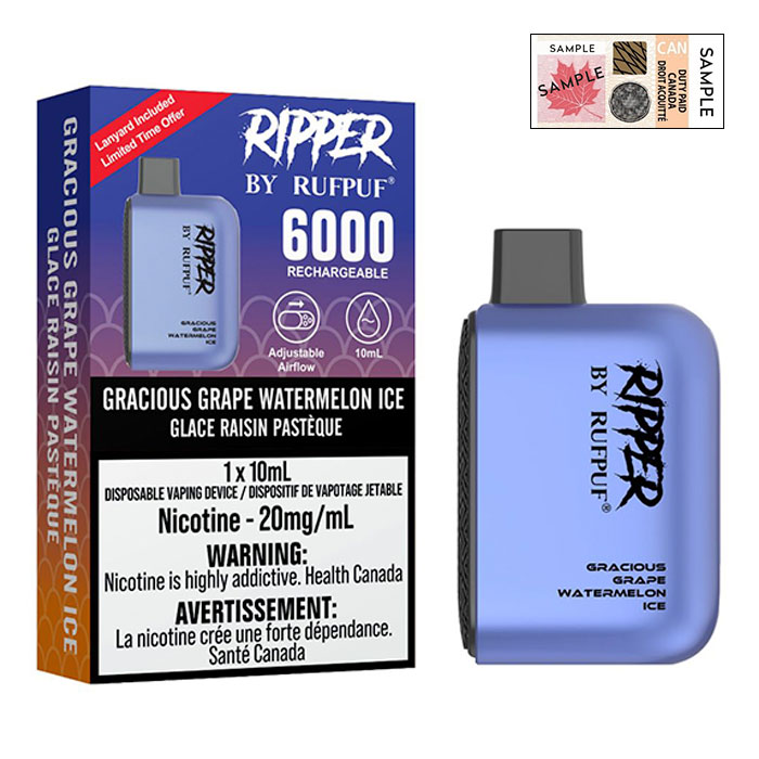 (Stamped) Gracious Grape Watermelon Ice 6000 Puffs Ripper Disposable Vape By G Core Rufpuf Ct 10