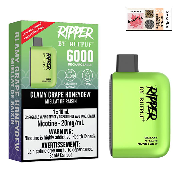 (Stamped) Glamy Grape Honeydew 6000 Puffs Ripper Disposable Vape By G Core Rufpuf Ct 10