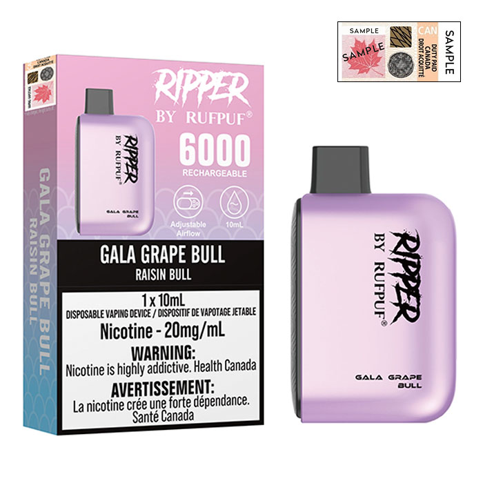 (Stamped) Gala Grape Bull 6000 Puffs Ripper Disposable Vape By G Core Rufpuf Ct 10