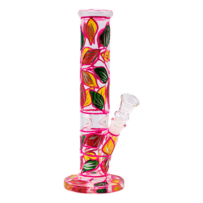 Hand Painted Pink Leaves 10 Inches Glass Bong