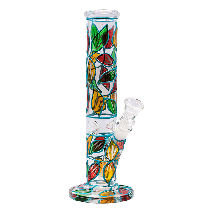 Hand Painted Sky Blue Leaves 10 Inches Glass Bong