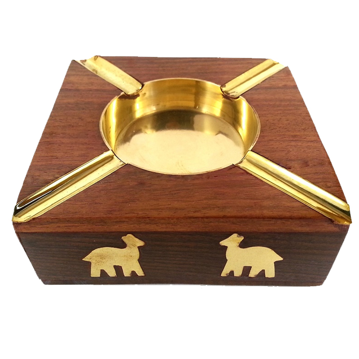 SQUARE BRASS CARVING WOODEN ASHTRAY
